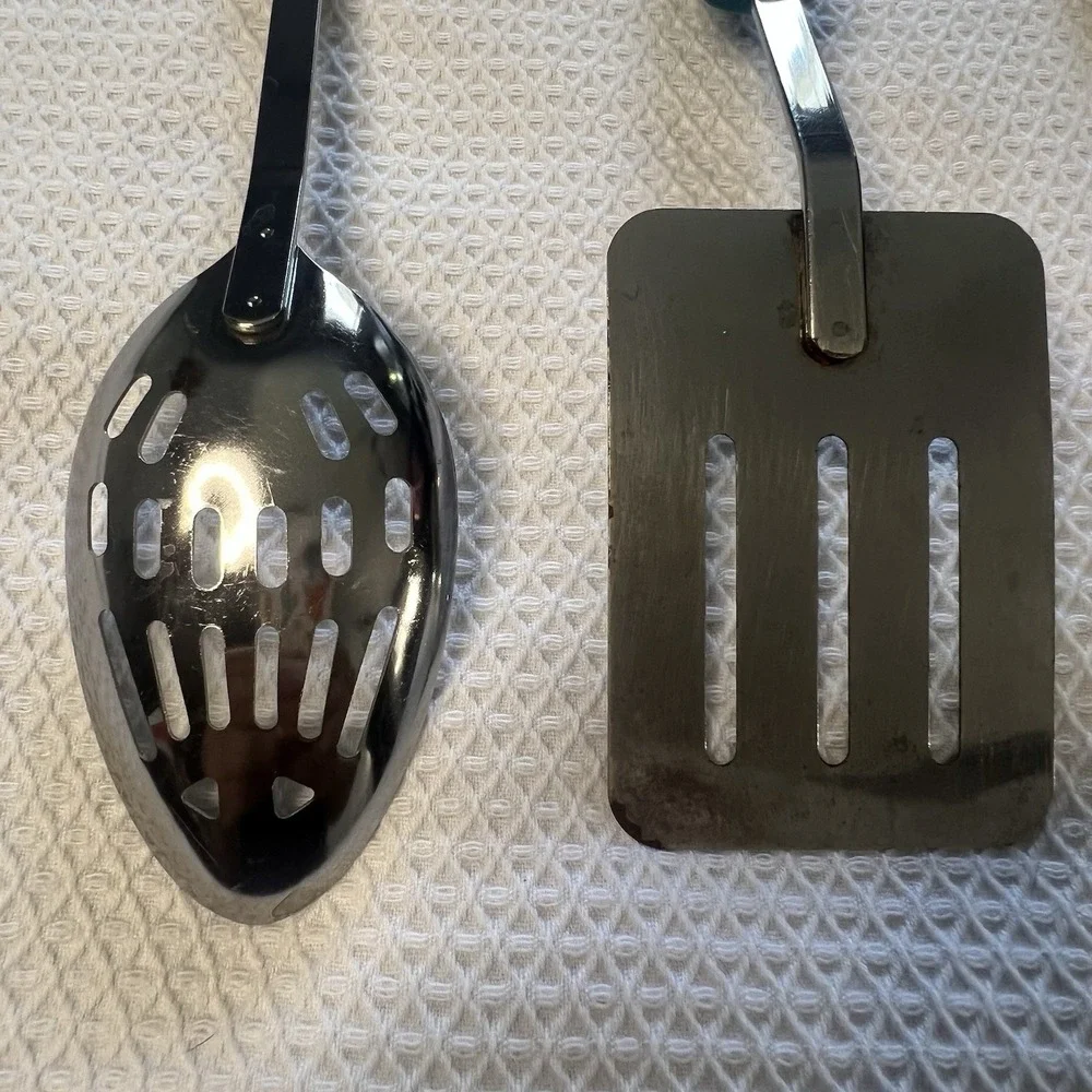 Vintage Ekco 3 Piece Utensil Stainless Steel Green Handles Slotted Spoon Spatula